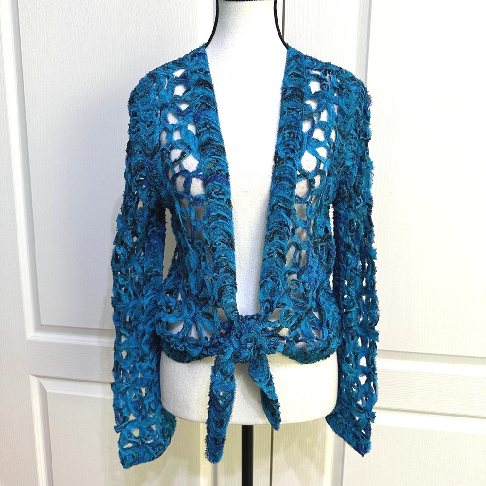 Chico's Silk Jacket Sz 0 S Talula Flower Bell Open Knit Boho Mermaidcore Artsy - Picture 11 of 12